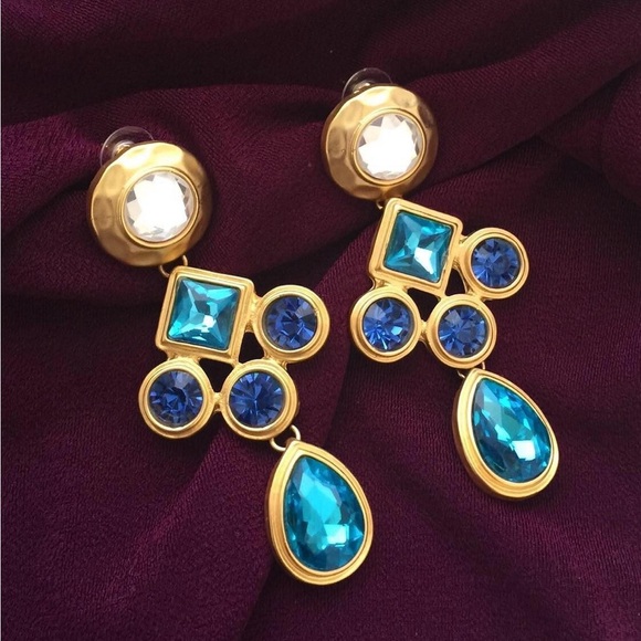 Anthropologie Bohemian Style Gold and Blue Statement Earrings - Picture 4 of 4